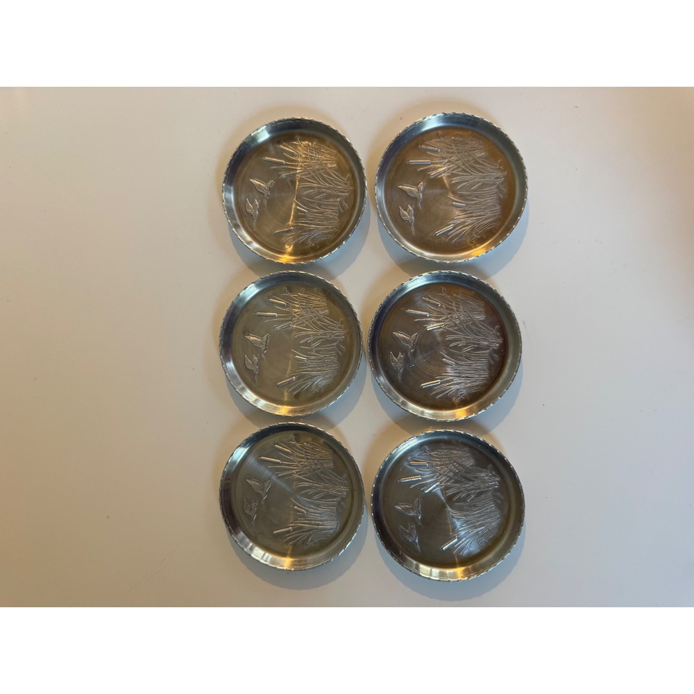 Vintage Aluminum Coasters Set of 6 Ducks in Flight Cattails Embossed Silver Tone